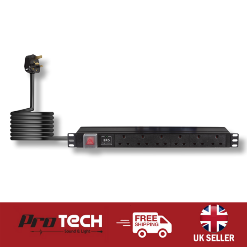 19 Inch Rackmount PDU 6 Way 13A UK Plug Horizontal Socket Surge Protec