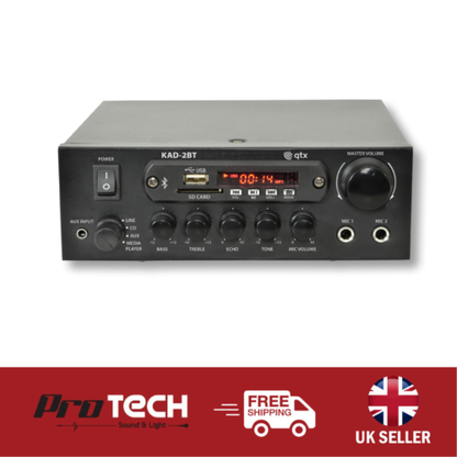 Stereo Bluetooth Amp with USB, Radio, Aux, Mic Input, Background/Home/