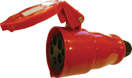 A 400 V, red, high current 32 A in-line 5 contact socket with hinged f