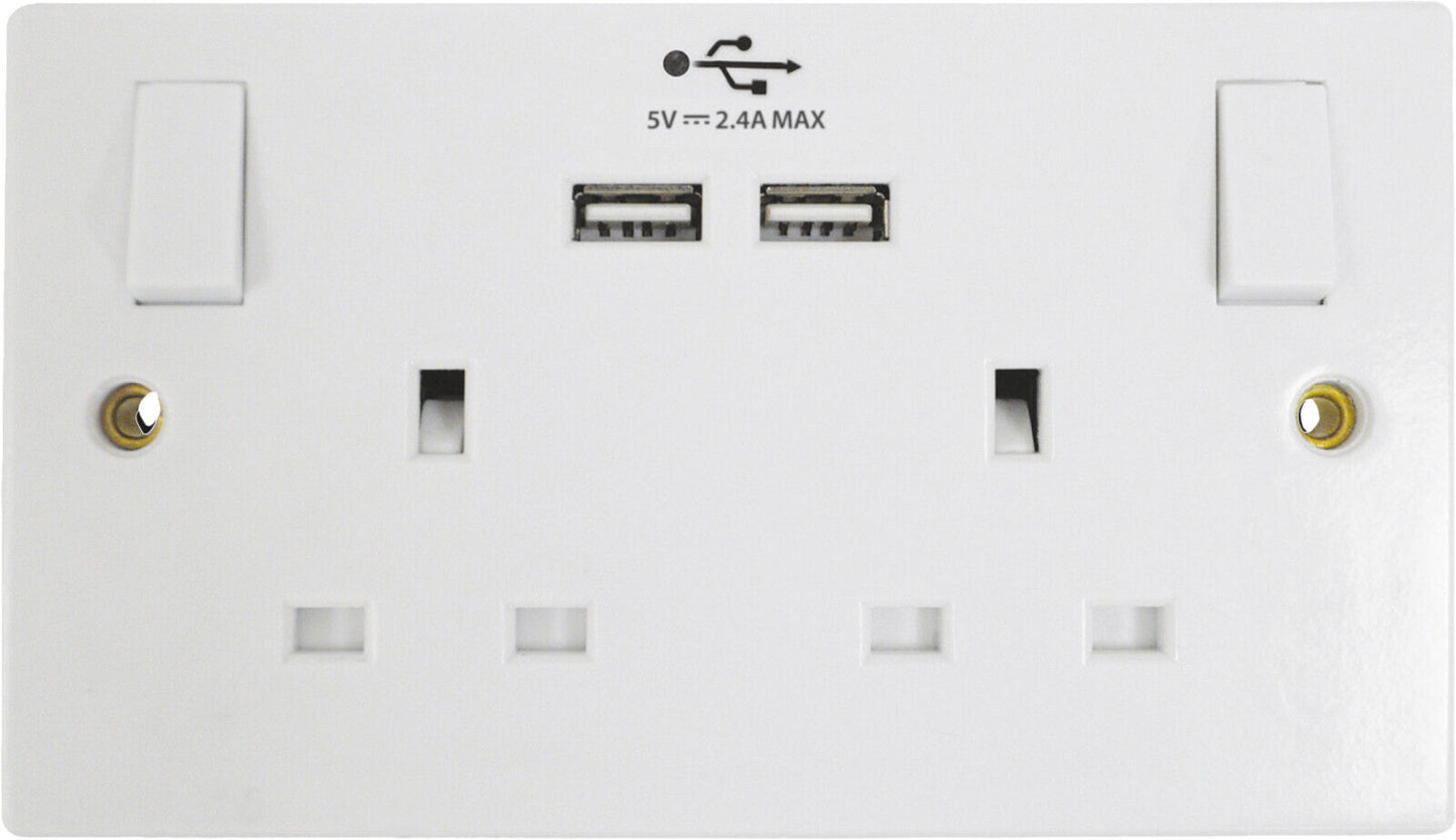 UK Double Socket USB 13A Electric Wall Plug with 2 USB Outlets 2.1A &